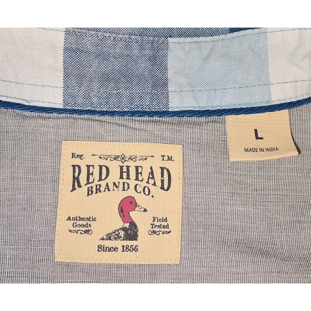 Red Head Blue Plaid Button Up Short Sleeve Shirt Outdoor Casual Spring Mens Sz L - Picture 3 of 10